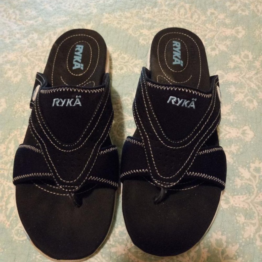 Ryka Black Suede Thong Sandals. Brand new. Size 7W.